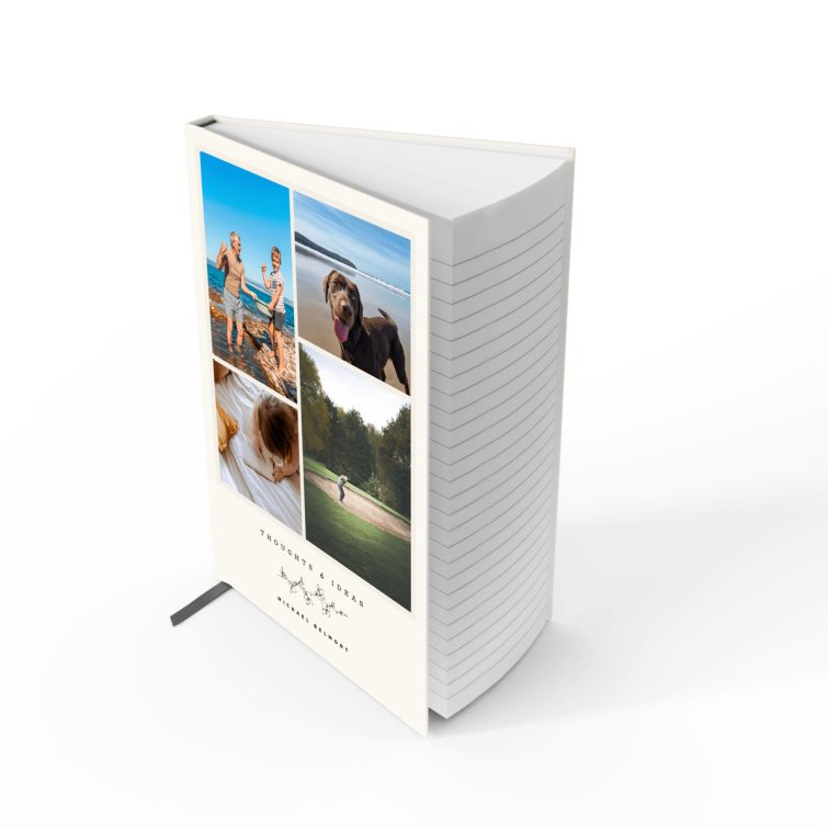 Personalised notebooks design with four photo placeholders on the cover, ideal for custom gifts.