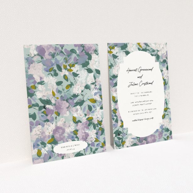 Lilac Blossom personalised wedding invitation featuring gentle lilac and sage green florals framing crisp white central panel with sophisticated script and classic typography. This image shows the front and back sides together