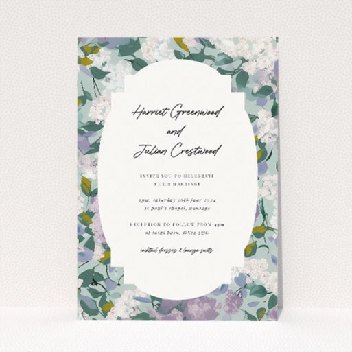 Lilac Blossom personalised wedding invitation featuring gentle lilac and sage green florals framing crisp white central panel with sophisticated script and classic typography. This is a view of the front