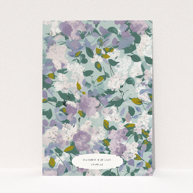 Lilac Blossom personalised wedding invitation featuring gentle lilac and sage green florals framing crisp white central panel with sophisticated script and classic typography. This image shows the front and back sides together