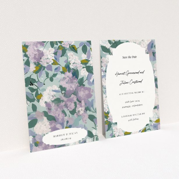 Lilac Blossom Save the Date card - A6 portrait-oriented design with serene lilac blossoms and soft green foliage against a pale, speckled background. This is a view of the back