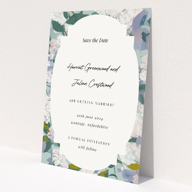 Lilac Blossom Save the Date card - A6 portrait-oriented design with serene lilac blossoms and soft green foliage against a pale, speckled background. This is a view of the front