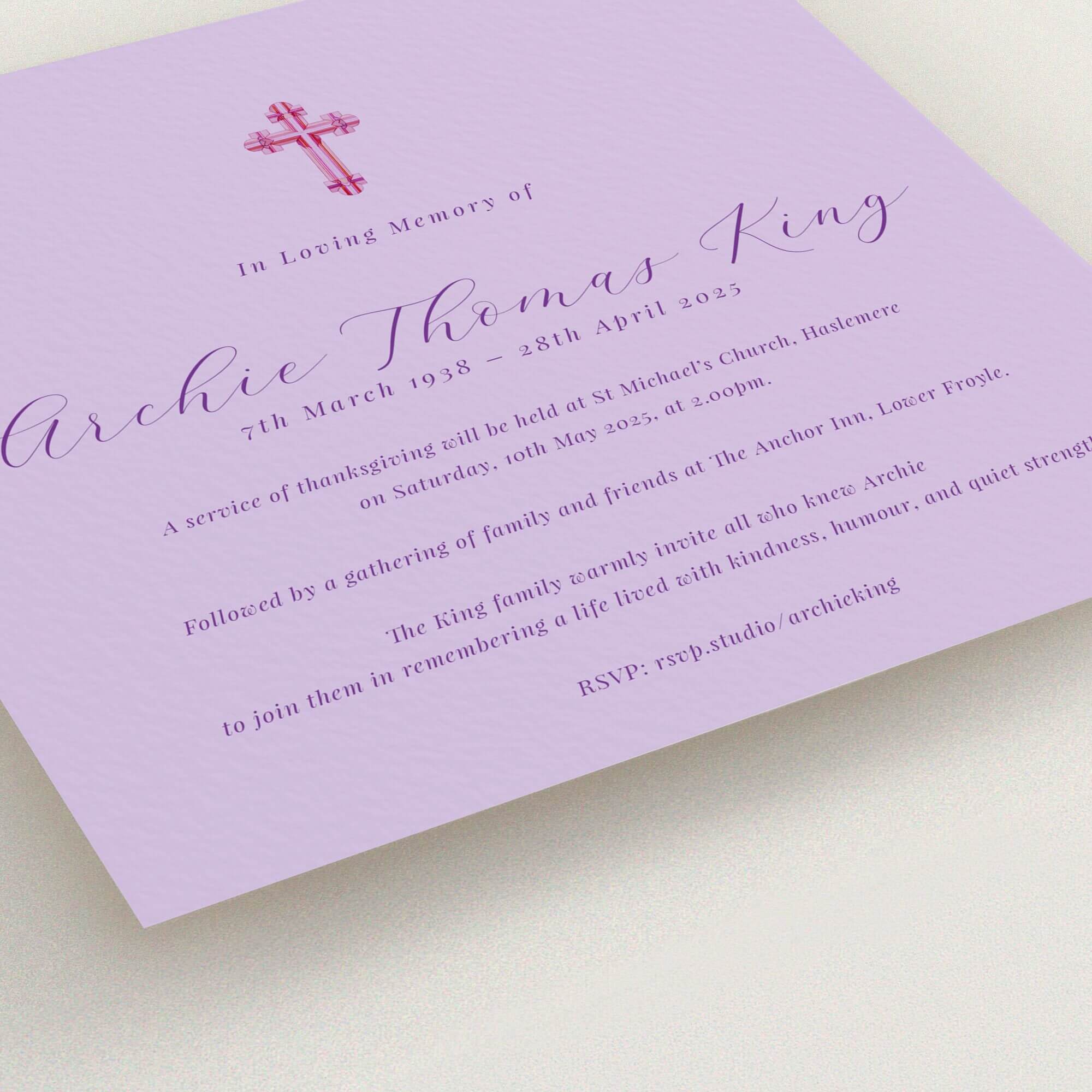 Lilac funeral announcement design with pink cross illustration, featuring elegant script text.