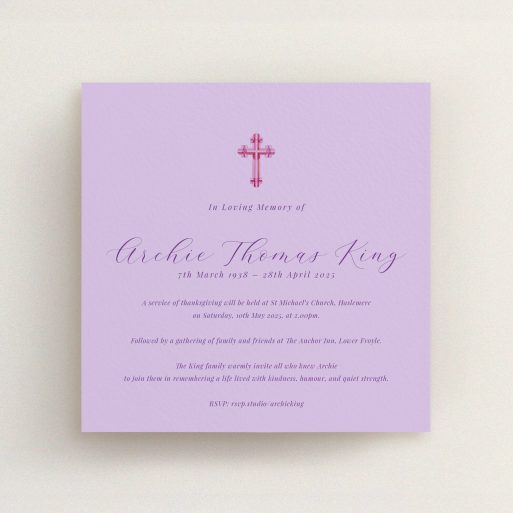 Lilac funeral announcement design with pink cross illustration, featuring elegant script text.