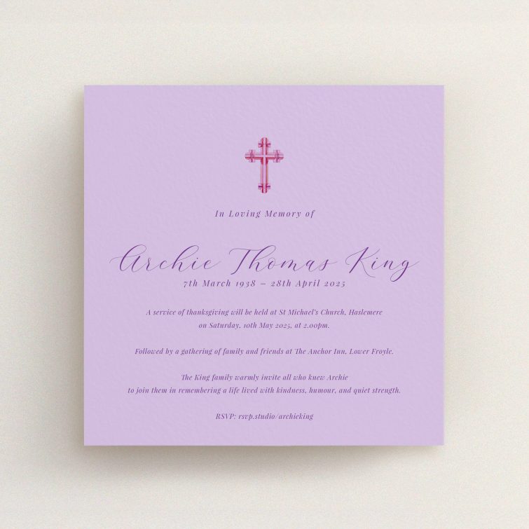 Lilac funeral announcement design with pink cross illustration, featuring elegant script text.