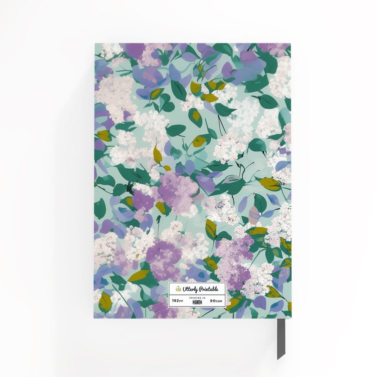 Floral design notebook cover with purple and white blossoms on a green background, featuring two placeholder photos.