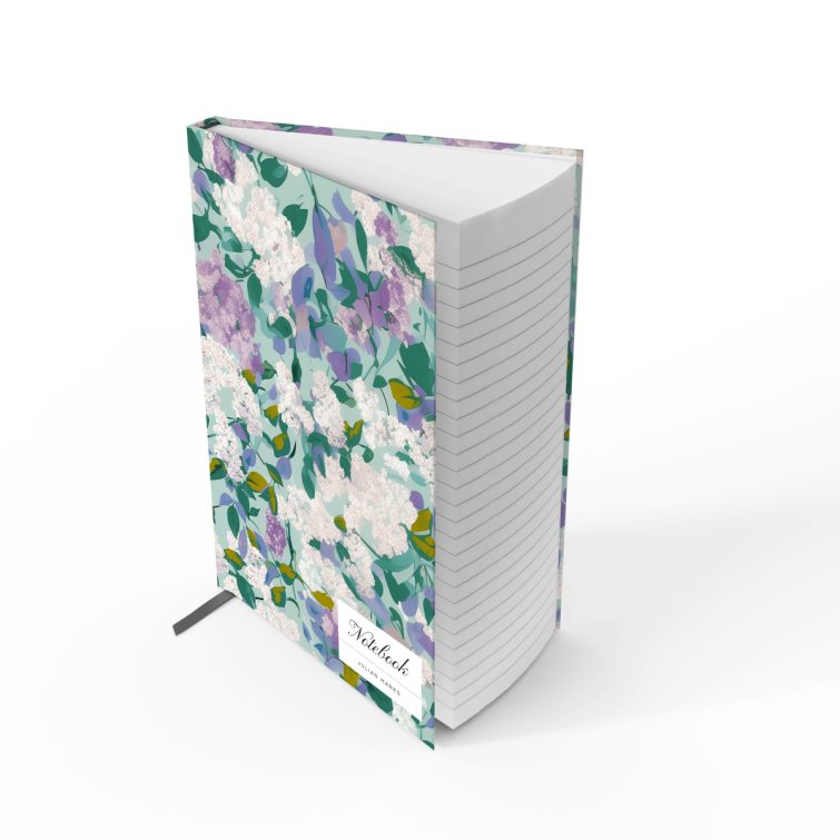 Floral design notebook cover with purple and white blossoms on a green background, featuring two placeholder photos.