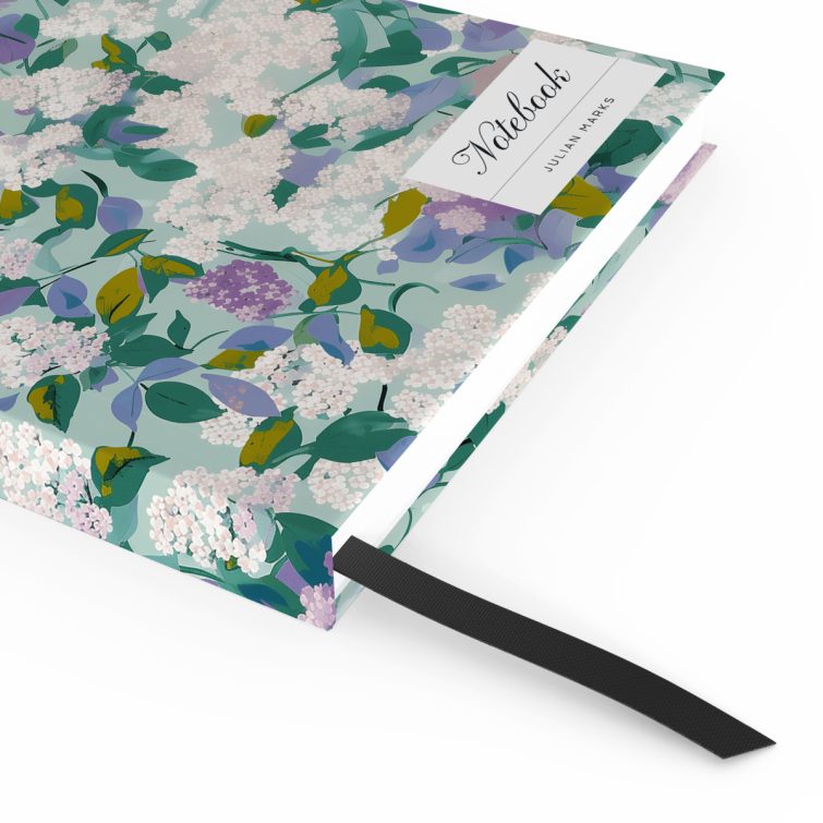 Floral design notebook cover with purple and white blossoms on a green background, featuring two placeholder photos.