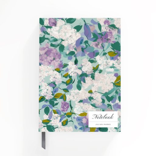 Floral design notebook cover with purple and white blossoms on a green background, featuring two placeholder photos.