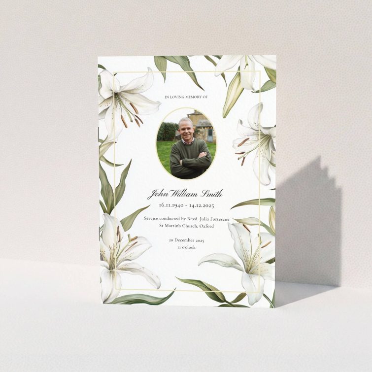 Funeral order of service program design with one photo and floral illustrations