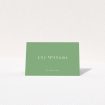 Place cards with crisp lime green fonts against a muted green backdrop, featuring clean sans-serif typography for modern appeal, ideal for couples seeking stylish simplicity in wedding stationery from the Lime on Green suite. This is a view of the front