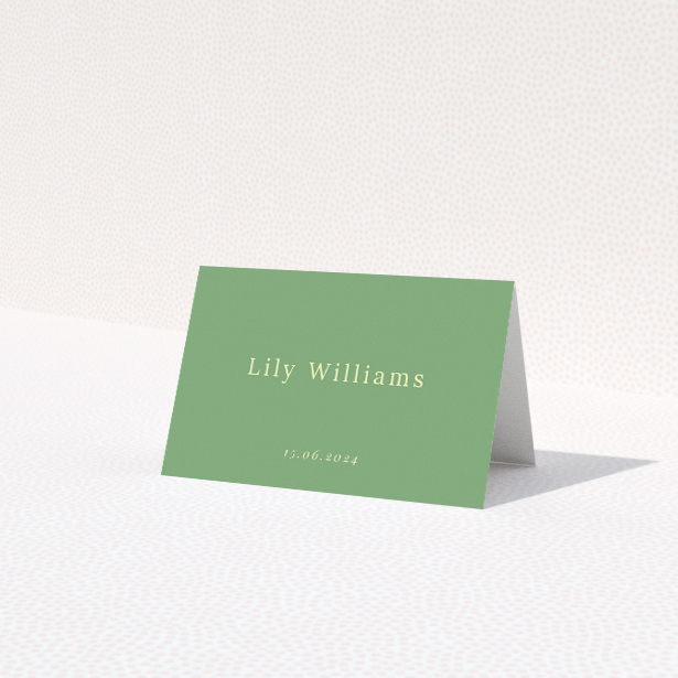 Place cards with crisp lime green fonts against a muted green backdrop, featuring clean sans-serif typography for modern appeal, ideal for couples seeking stylish simplicity in wedding stationery from the Lime on Green suite. This is a view of the front