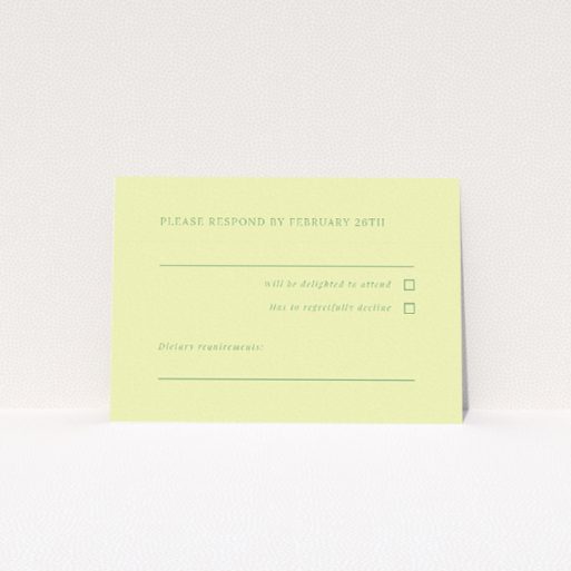 RSVP card from the 'Lime on Green' wedding stationery suite, showcasing contemporary elegance with lime green typography on a muted green backdrop This is a view of the front