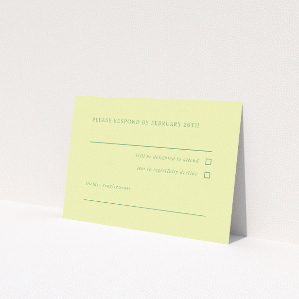 RSVP card from the 'Lime on Green' wedding stationery suite, showcasing contemporary elegance with lime green typography on a muted green backdrop This is a view of the front