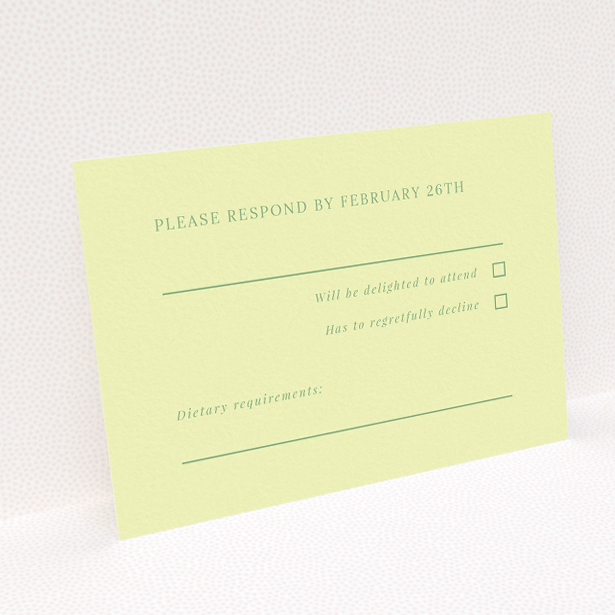 RSVP card from the 'Lime on Green' wedding stationery suite, showcasing contemporary elegance with lime green typography on a muted green backdrop This is a view of the back