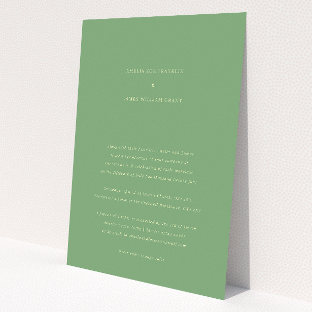 A5 wedding invitation featuring the 'Lime on Green' contemporary design against a muted green backdrop. This is a view of the front
