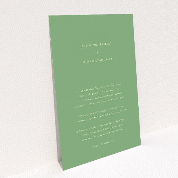 A5 wedding invitation featuring the 'Lime on Green' contemporary design against a muted green backdrop. This image shows the front and back sides together