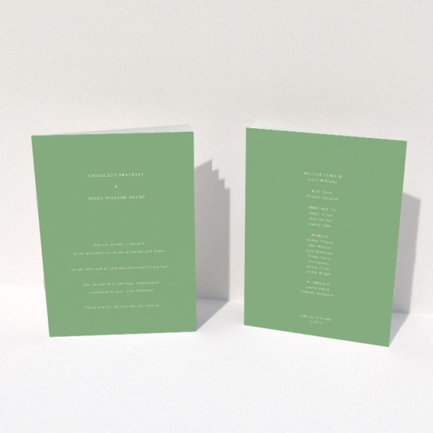 Lime on Green Wedding Order of Service booklet with lime text on deep green background. This image shows the front and back sides together