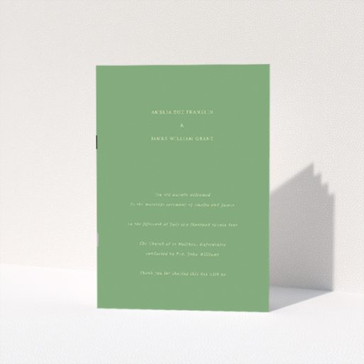 Lime on Green Wedding Order of Service booklet with lime text on deep green background. This is a view of the front