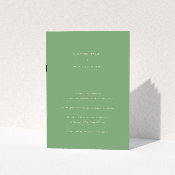 Lime on Green Wedding Order of Service booklet with lime text on deep green background. This is a view of the front