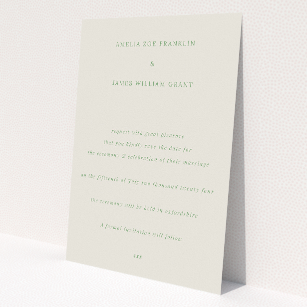 Lime on Green Wedding Save the Date A6 Card - Sophisticated wedding invitation featuring subtle lime green text on a deeper green background, exuding modern elegance This is a view of the back