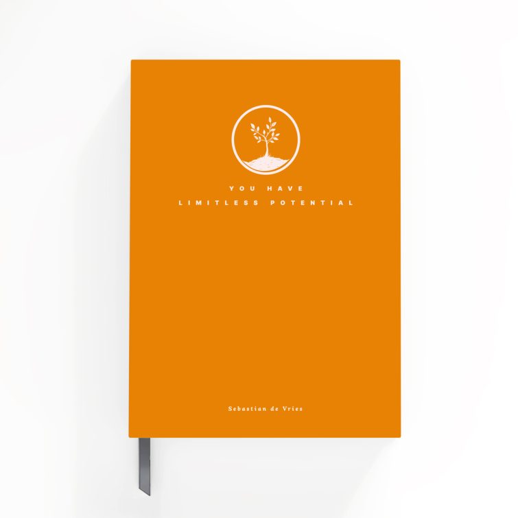 Orange notebook cover design featuring motivational message and tree illustration, Utterly Printable branding, single image.