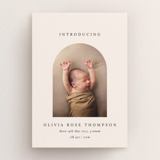Simple and elegant birth announcement card design featuring one photo.