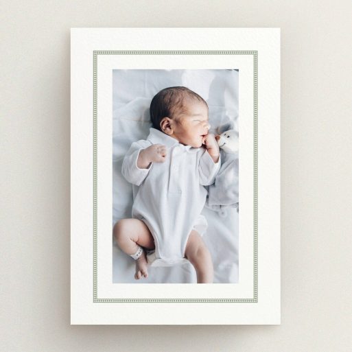 Birth announcement card design featuring one photo of a baby in white attire.