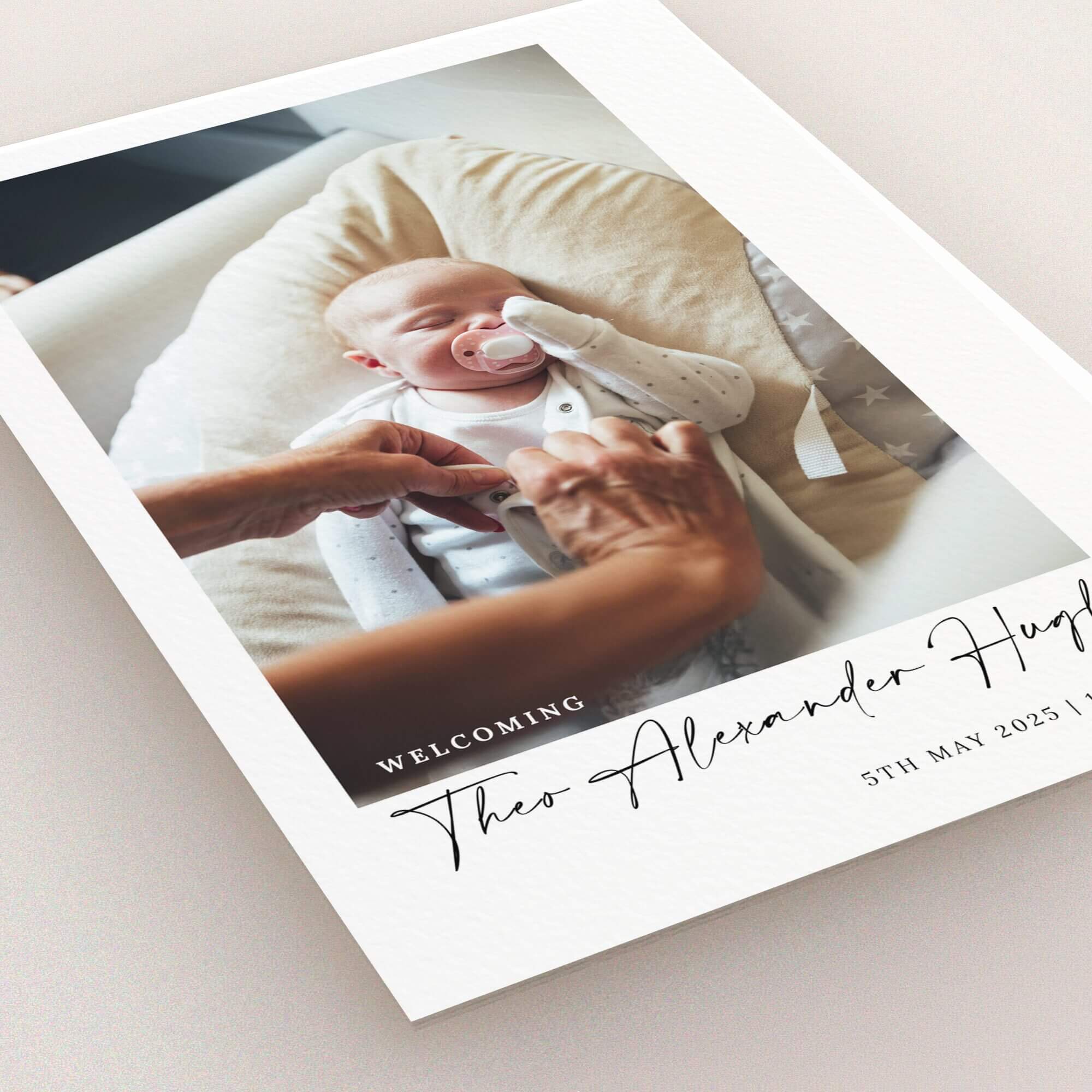 Elegant birth announcement card design featuring one photo of a newborn baby.