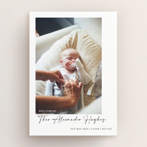 Elegant birth announcement card design featuring one photo of a newborn baby.