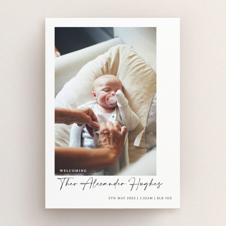 Elegant birth announcement card design featuring one photo of a newborn baby.