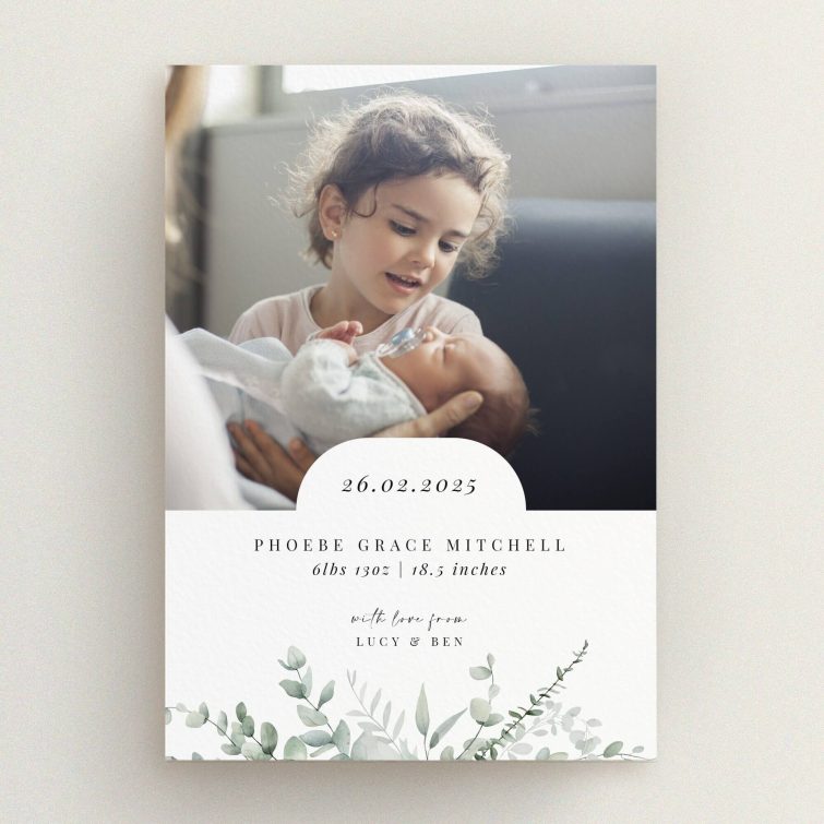 Elegant birth announcement card with floral accents and one photo.