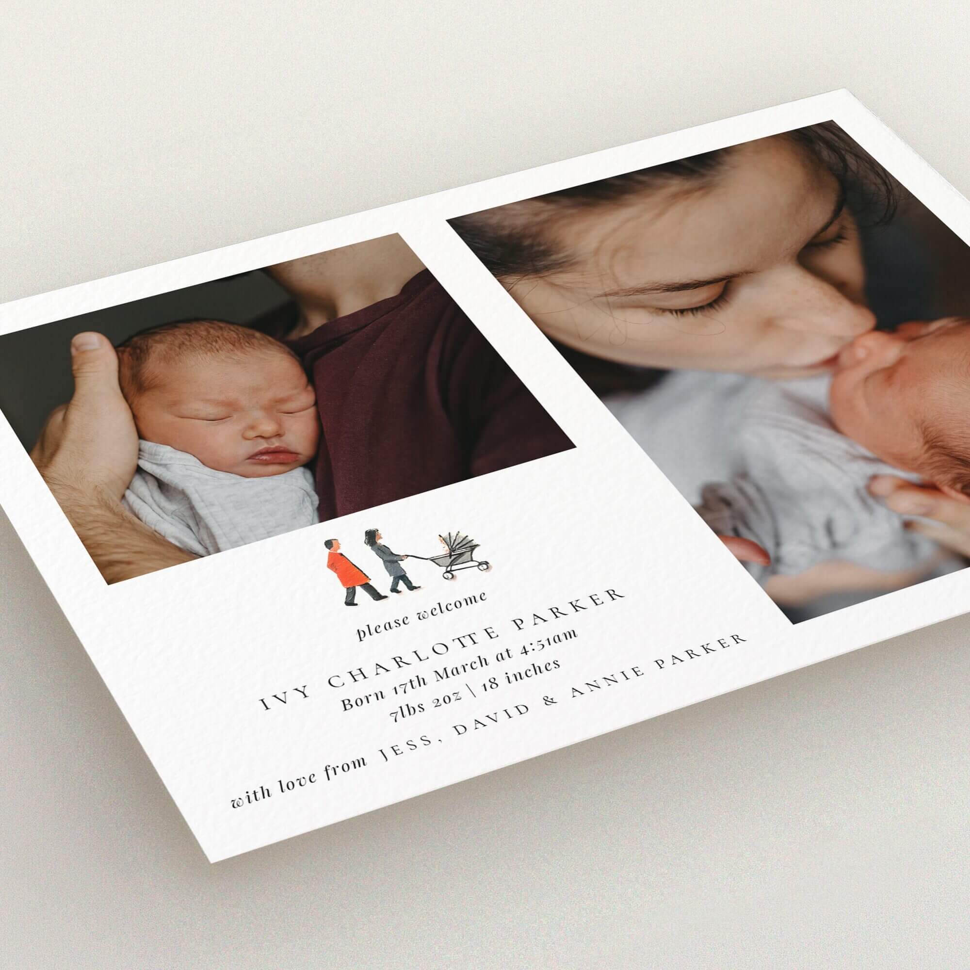 Personalised birth announcement card with two photos, featuring a newborn with parents.