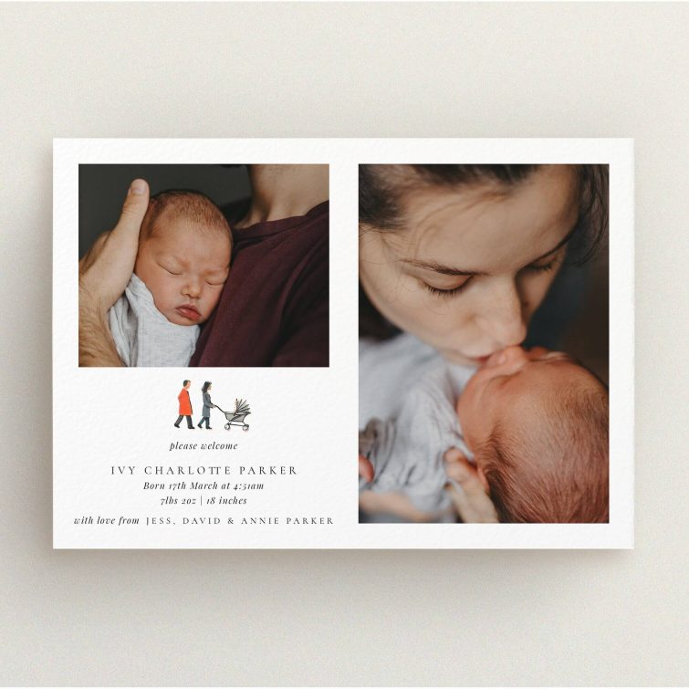 Personalised birth announcement card with two photos, featuring a newborn with parents.