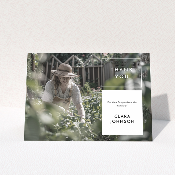 Funeral thank you card with one photo and a garden-themed design.