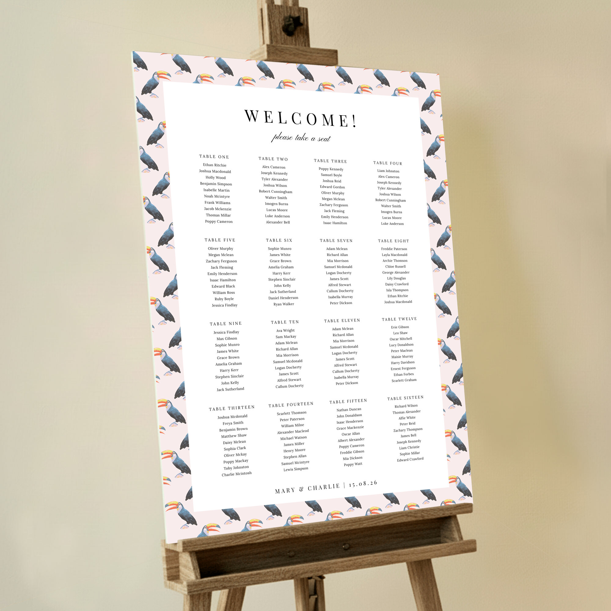 Seating Plan - Lots of Toucans, a playful design featuring hand-painted toucans on a charming pink background, adding whimsy and joy to your special event.. This design is formatted for 16 tables.