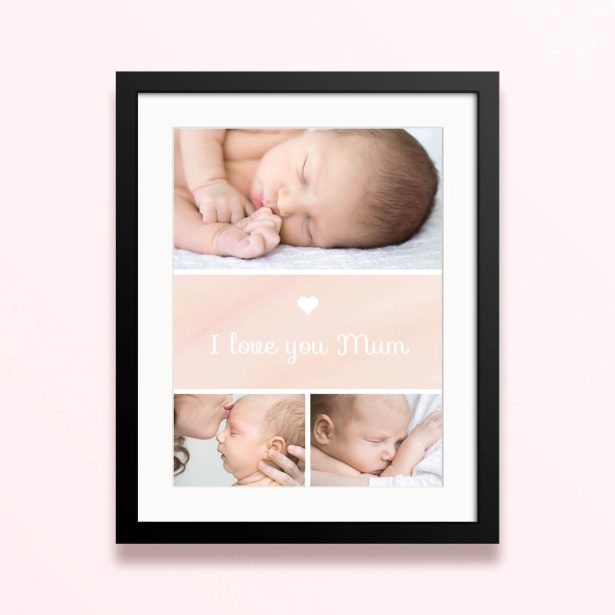 Framed and mounted photo print with three baby photos and "I love you Mum" text.