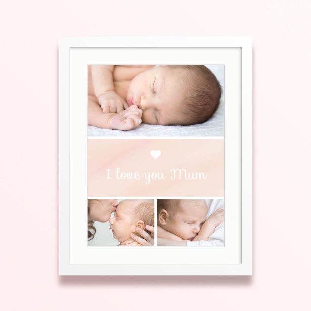 Framed and mounted photo print with three baby photos and "I love you Mum" text.