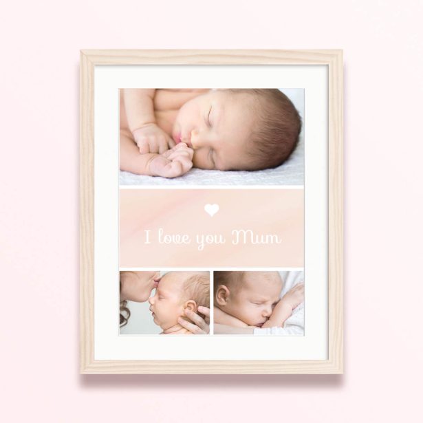 Framed and mounted photo print with three baby photos and "I love you Mum" text.