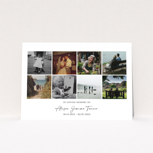 Funeral announcement template with eight photos and elegant text detailing in loving memory