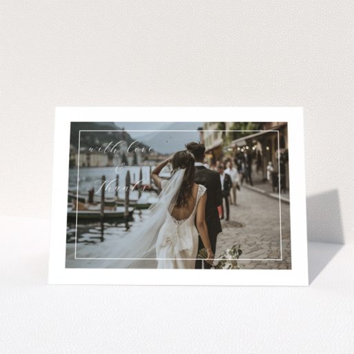 Wedding thank you card with one photo featuring a couple walking by a lakeside with the text with love and thanks