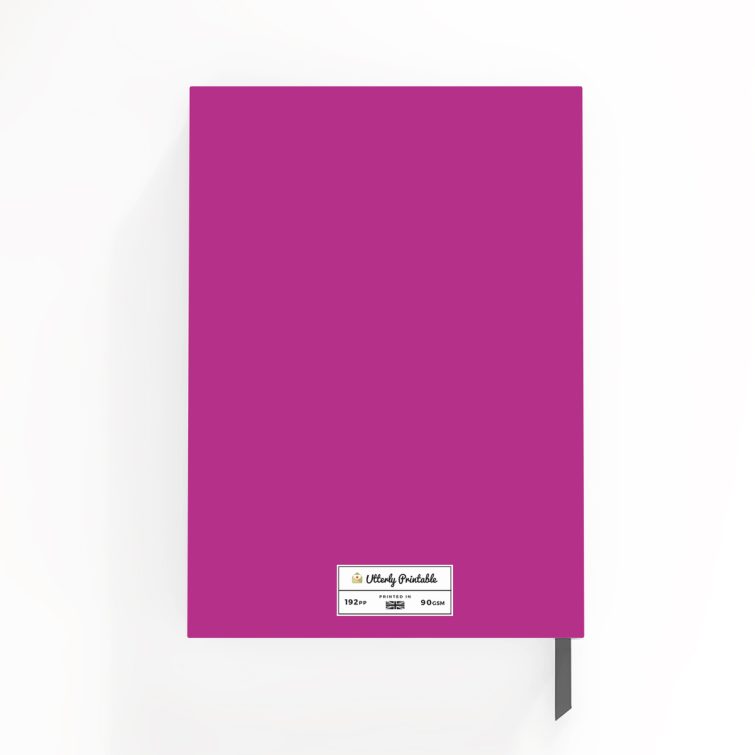 Pink notebook cover design with white text, full spread view including front cover, spine, and back cover, featuring one logo photo.