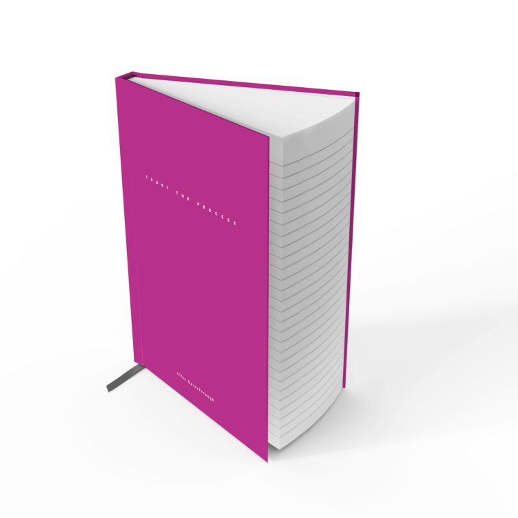 Pink notebook cover design with white text, full spread view including front cover, spine, and back cover, featuring one logo photo.