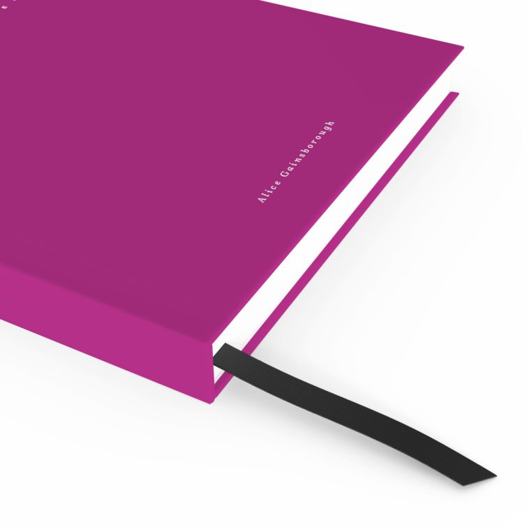 Pink notebook cover design with white text, full spread view including front cover, spine, and back cover, featuring one logo photo.