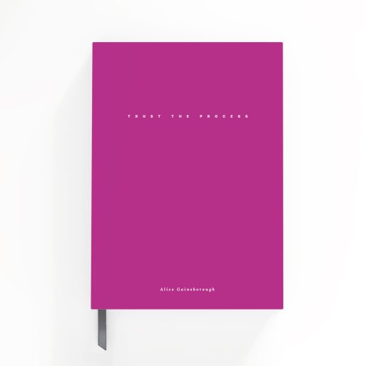 Pink notebook cover design with white text, full spread view including front cover, spine, and back cover, featuring one logo photo.