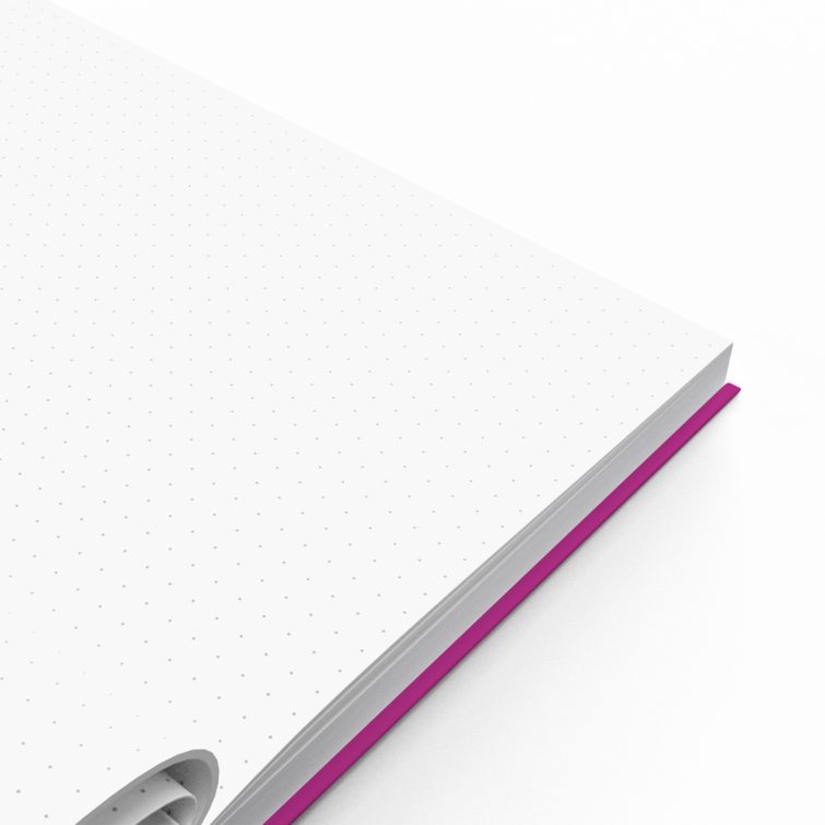 Pink notebook cover design with white text, full spread view including front cover, spine, and back cover, featuring one logo photo.