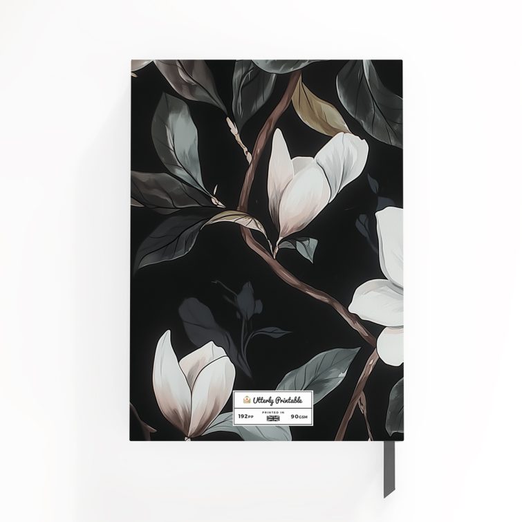 Floral notebook cover design with dark background and white flowers, featuring one photo placeholder.