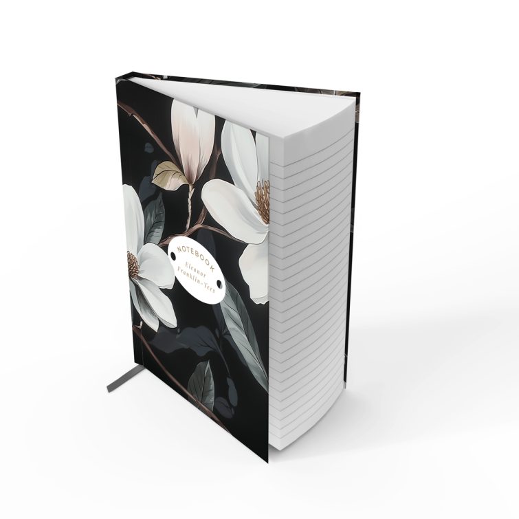 Floral notebook cover design with dark background and white flowers, featuring one photo placeholder.