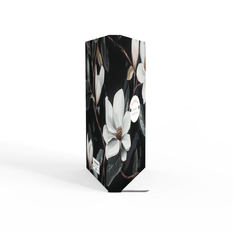 Floral notebook cover design with dark background and white flowers, featuring one photo placeholder.