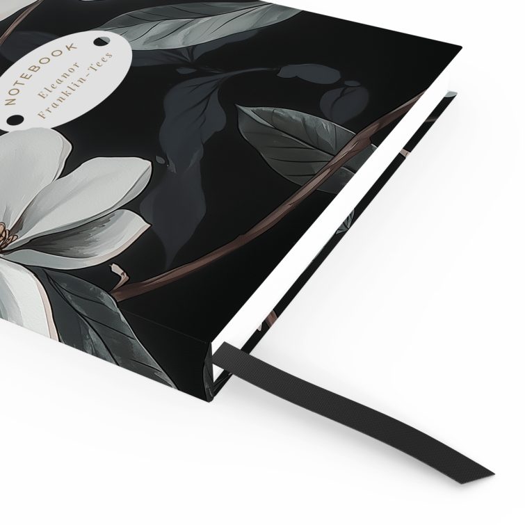 Floral notebook cover design with dark background and white flowers, featuring one photo placeholder.